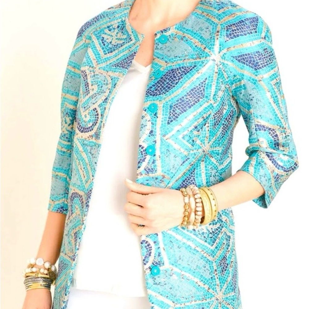 NWOT Chico's Teal and Gold Patterned Jacket